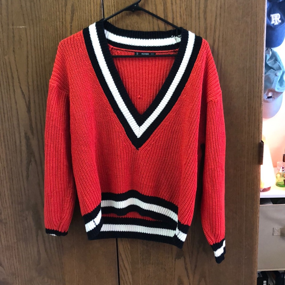 MANGO Paris Knit Varsity Sweater with deep Vneck